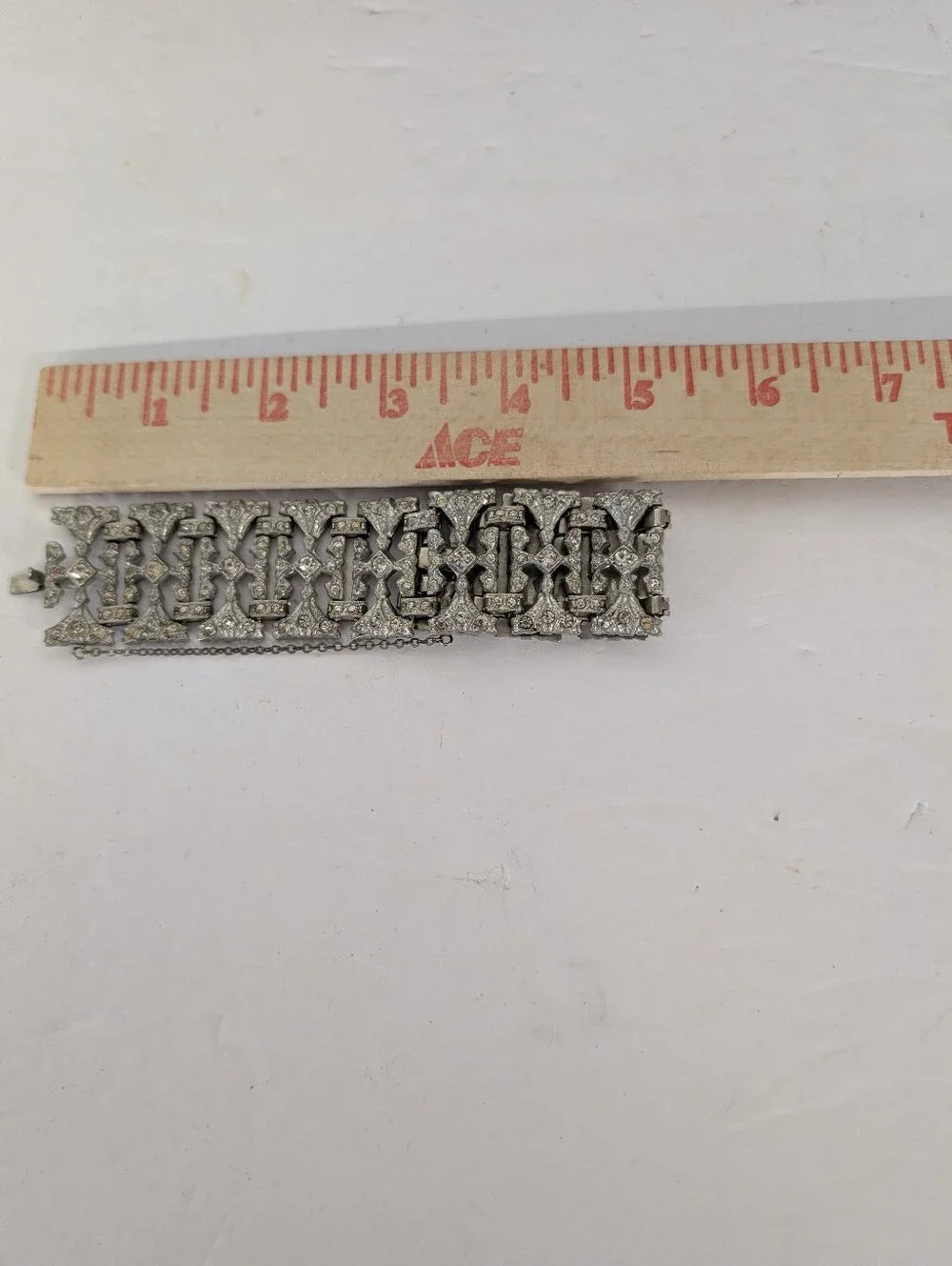 Vintage Bracelet ART DECO Rhinestone Crystal Link Silver Wide Cuff